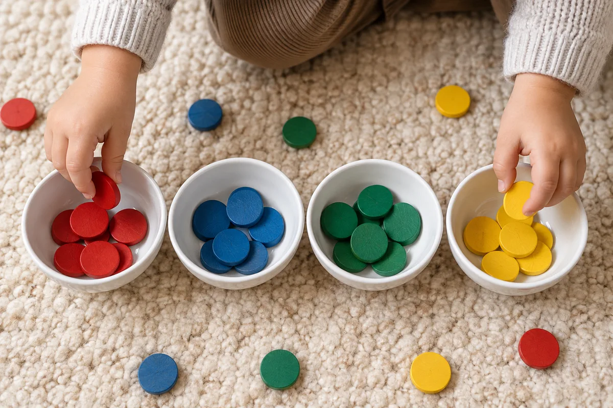 Petites mains qui trient des jetons en bois de quatre couleurs dans des coupelles blanches