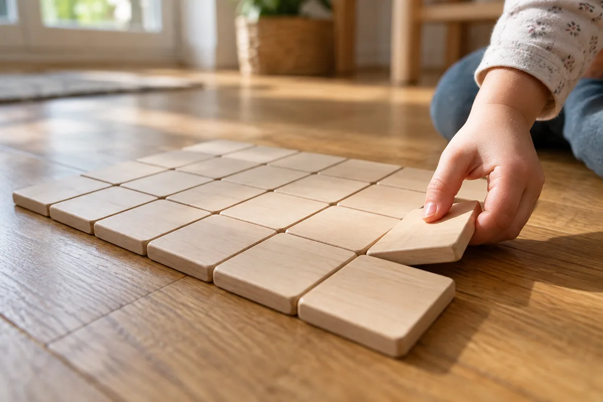 Tuiles en bois retournées en grille pour un jeu de paires, une main d&rsquo;enfant en soulève une