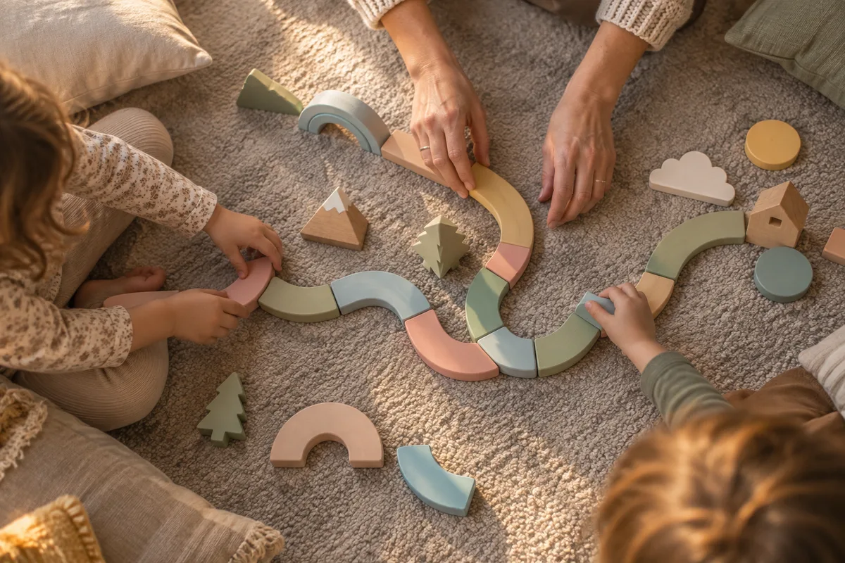 Mains d&rsquo;un adulte et de deux enfants qui assemblent un chemin de pièces en bois pastel