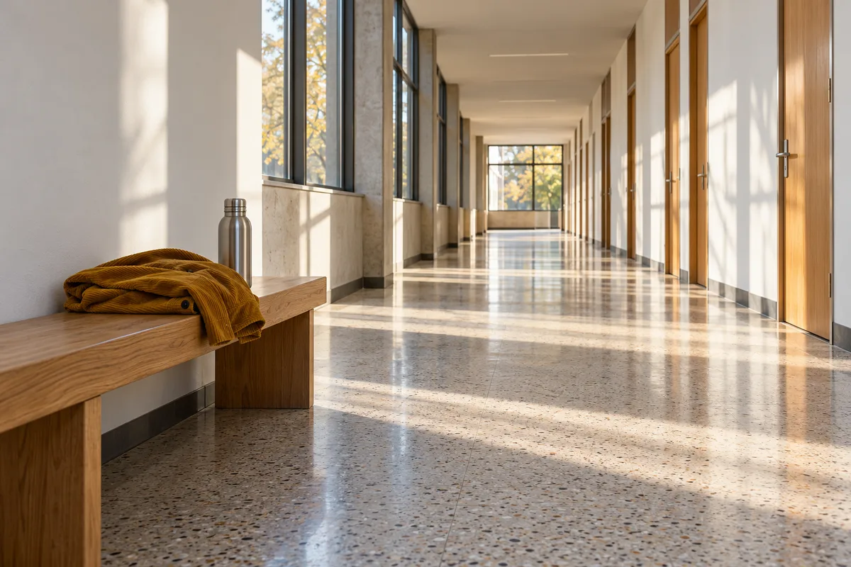 Banc en bois dans un couloir de faculté lumineux, une veste pliée et une gourde posées dessus