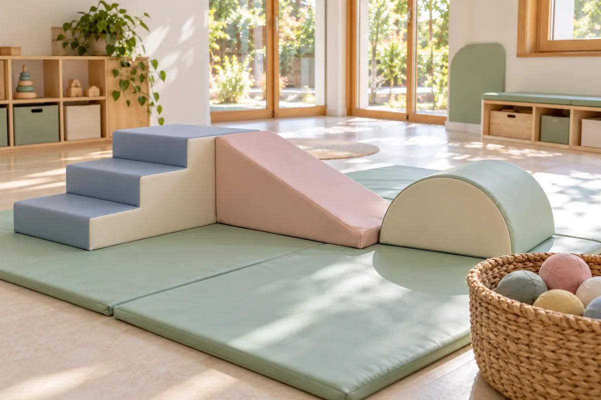 Salle de motricité d&rsquo;une crèche avec des modules en mousse pastel posés sur des tapis de sol
