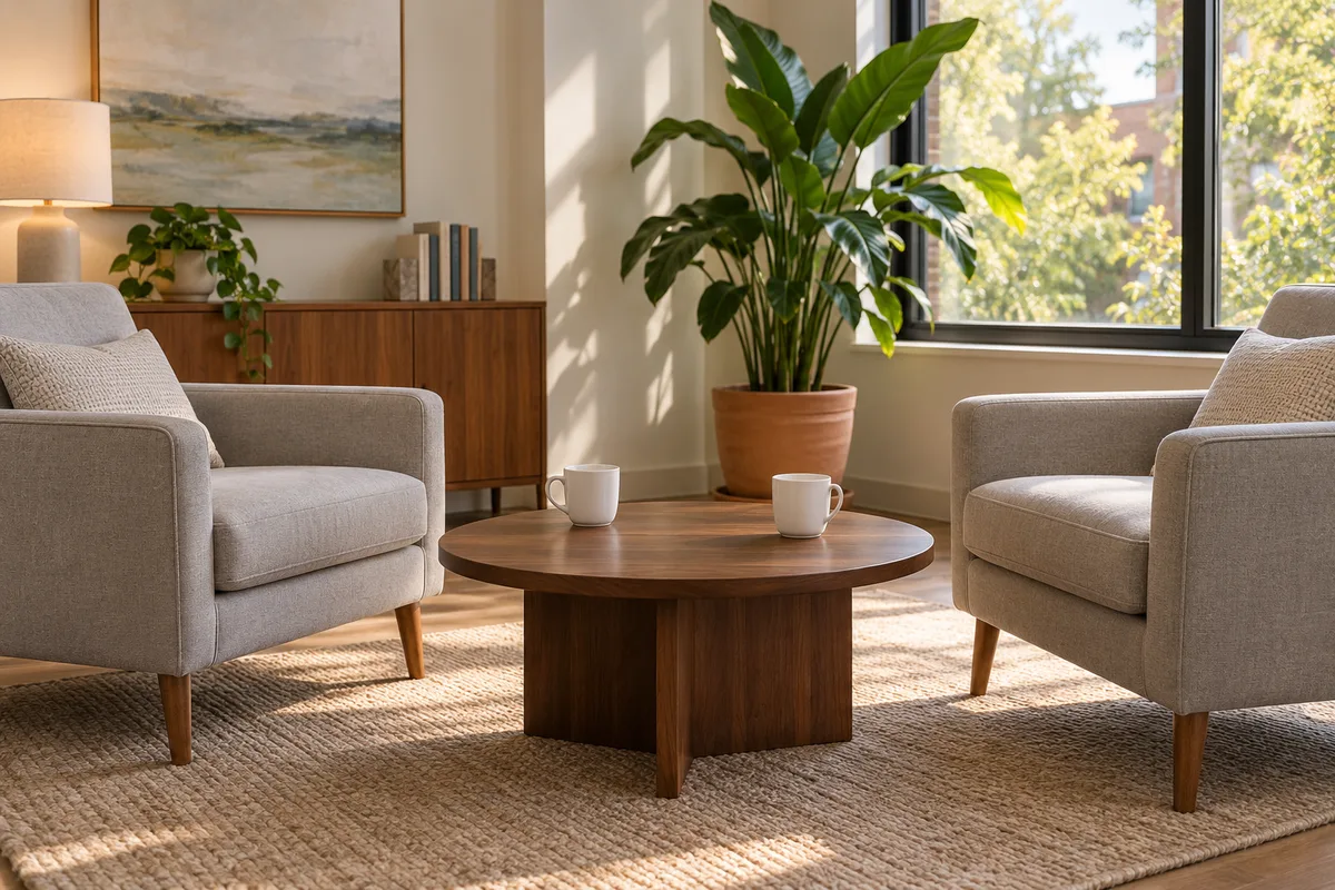 Petit bureau de conseil avec deux fauteuils face à face autour d&rsquo;une table basse ronde