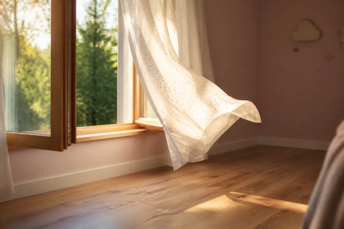 Fenêtre en bois clair entrouverte sur une chambre d’enfant, rideau léger et sol dégagé