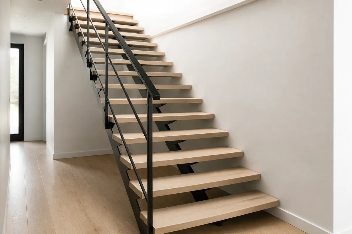 Escalier en bois clair avec rampe, marches dégagées et lumière naturelle latérale
