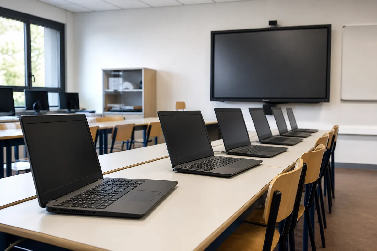Salle informatique d&rsquo;un collège avec rangée d&rsquo;ordinateurs et tableau numérique interactif