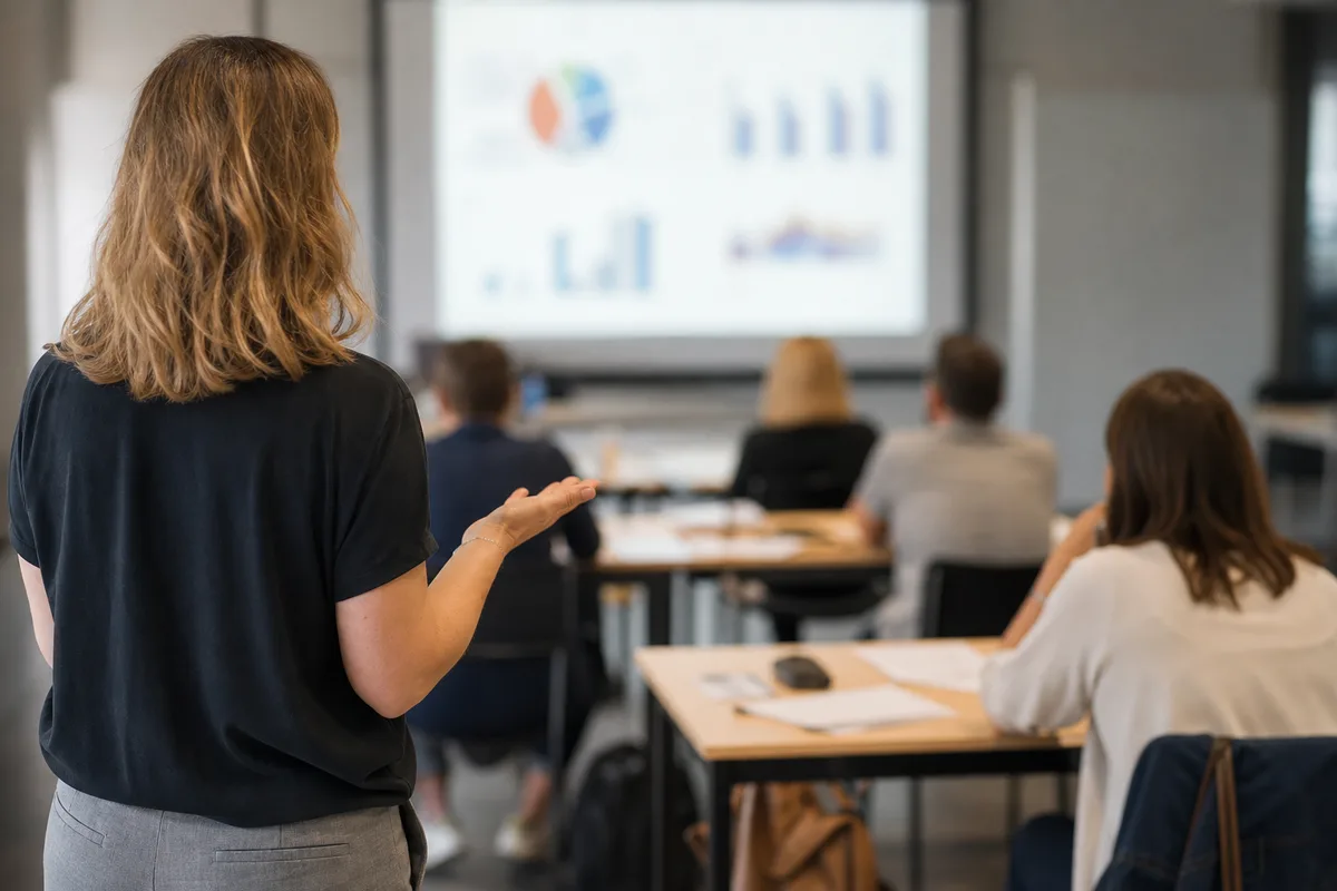 Formatrice adulte animant un atelier de compétences numériques devant un petit groupe en salle de formation