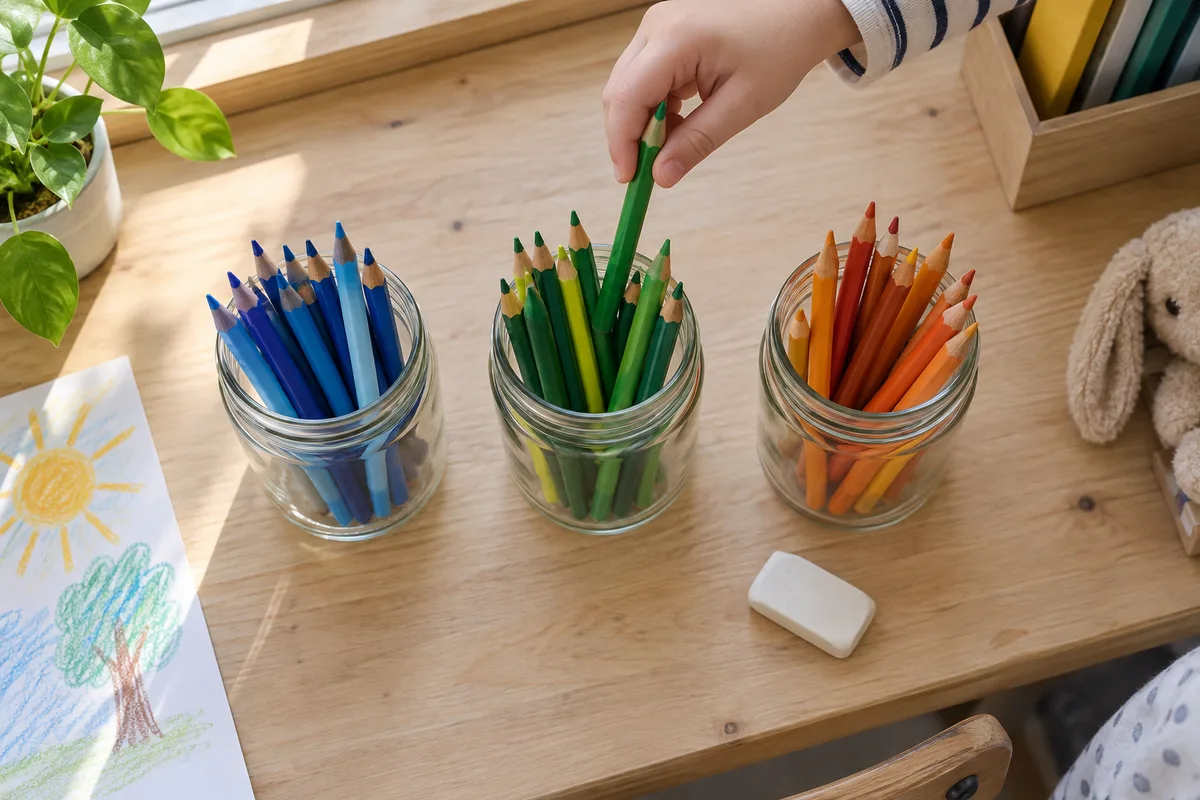 Main d’enfant triant des crayons de couleur par familles de teintes dans trois bocaux en verre
