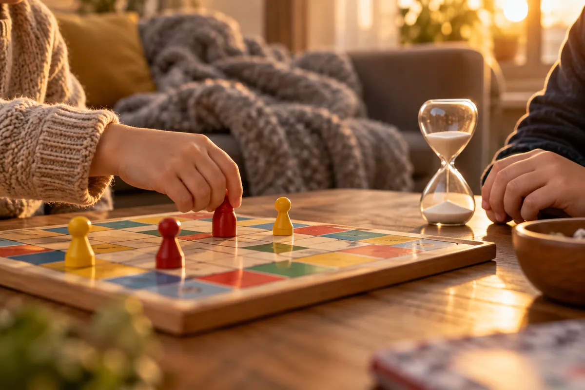 Mains d’enfant déplaçant un pion sur un plateau de jeu en bois, sablier posé à côté