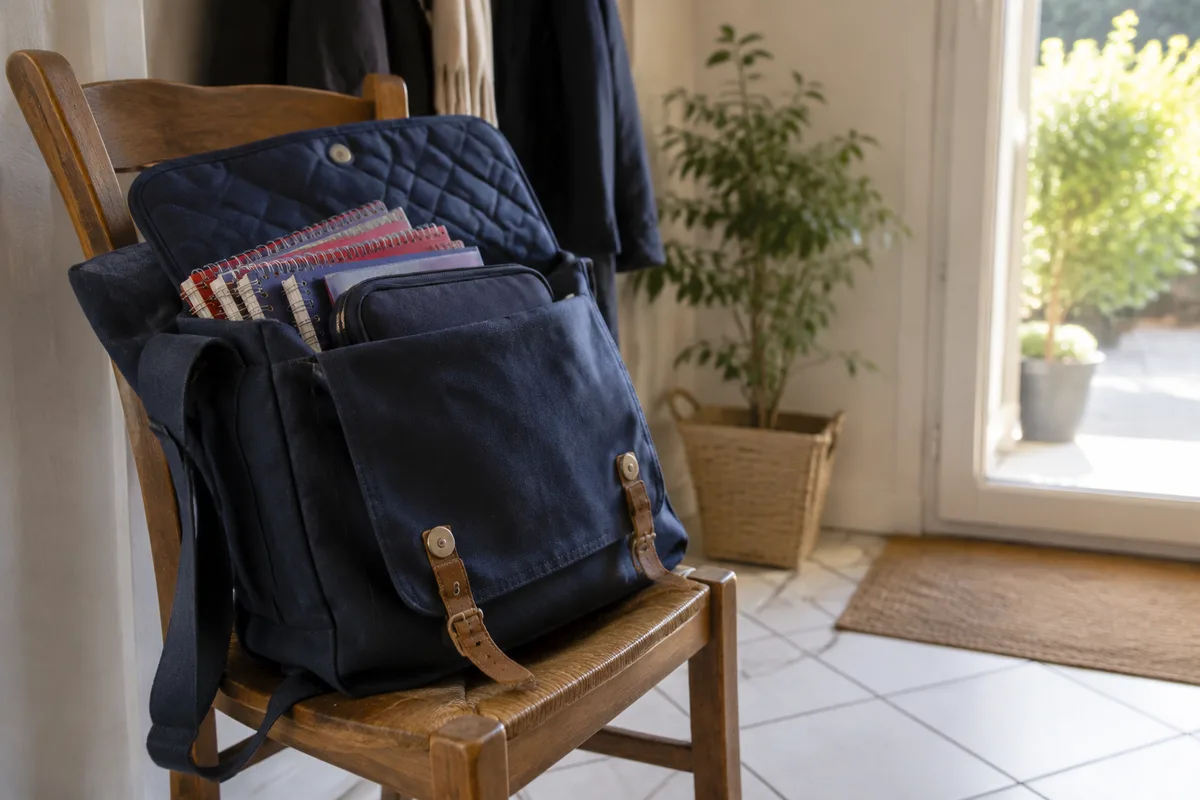 Cartable ouvert posé sur une chaise avec trousse, cahiers et housse rembourrée, lumière du matin