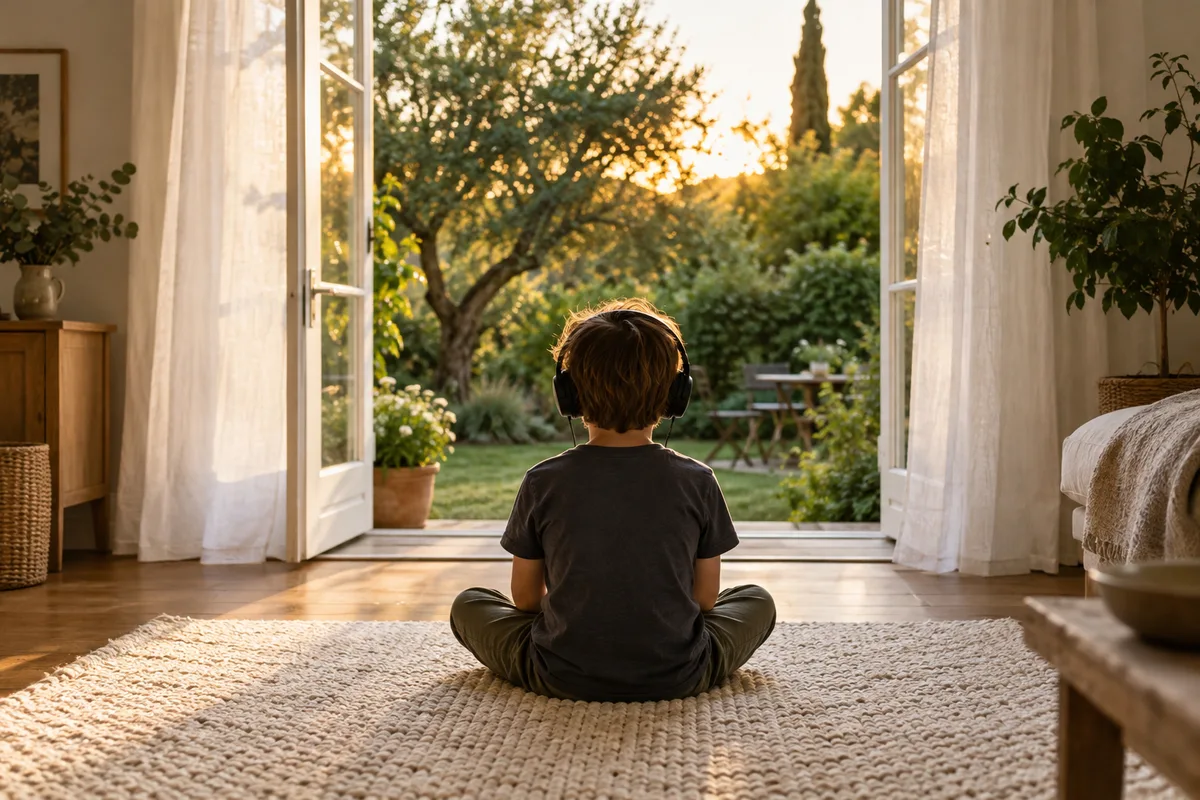 Enfant de dos coiffé d&rsquo;un casque audio, assis sur un tapis devant une fenêtre