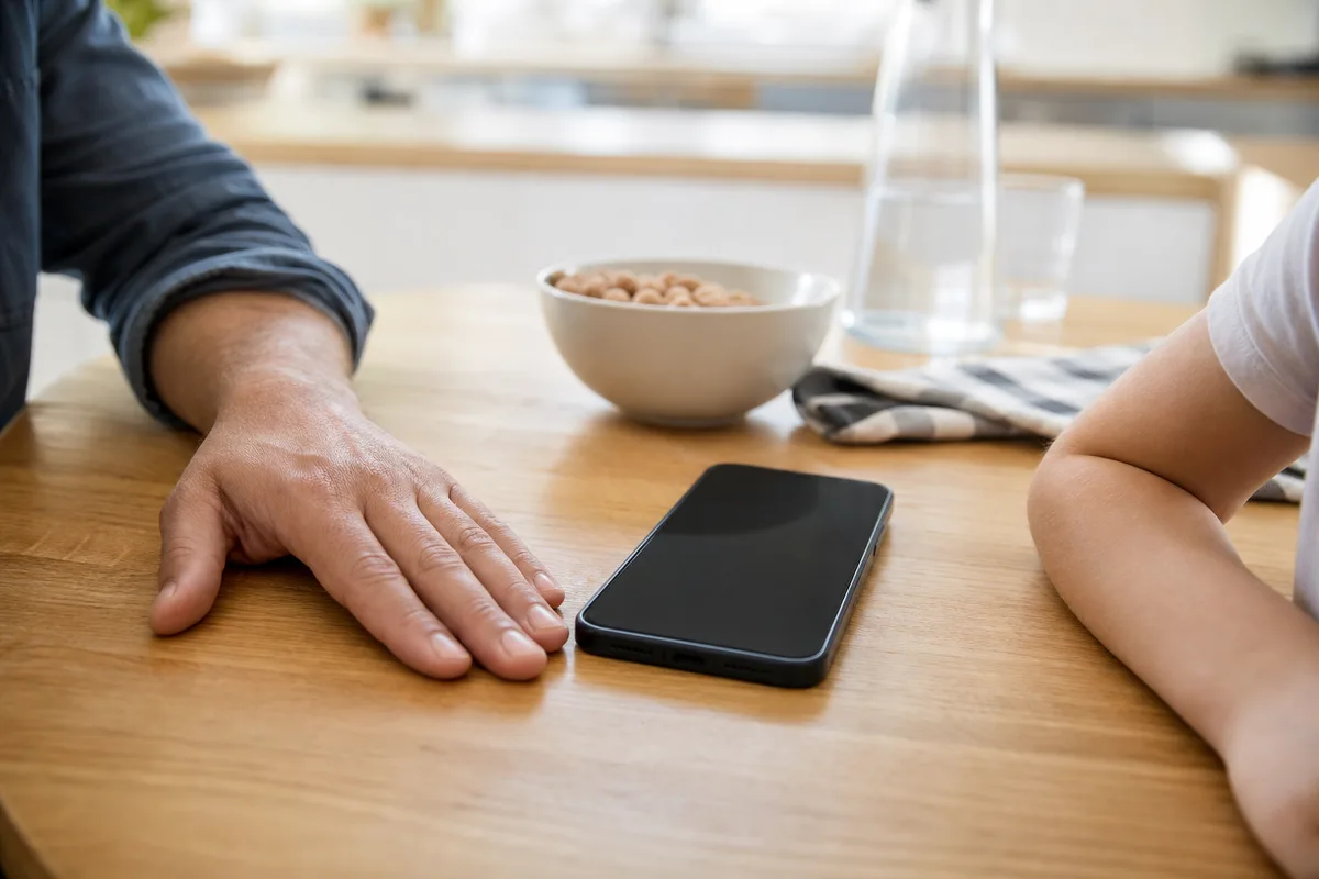 Parent et enfant devant un téléphone portable posé sur une table de cuisine