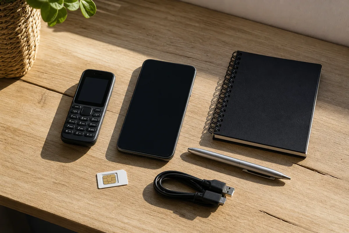 Téléphone à touches et smartphone reconditionné posés côte à côte sur un bureau