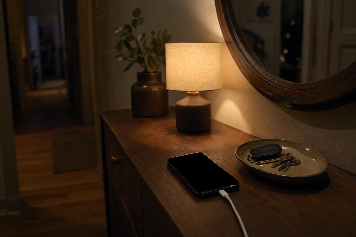Téléphone en charge sur un meuble d&rsquo;entrée, hors de la chambre, en fin de soirée