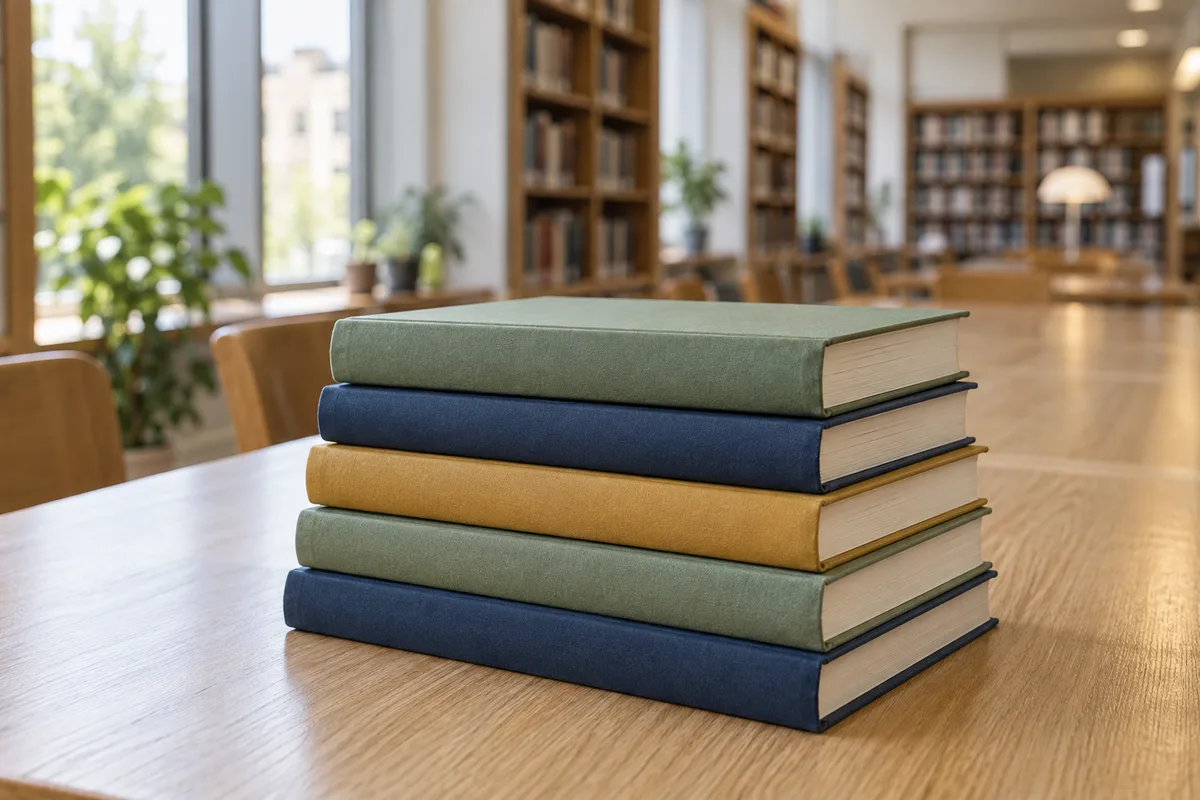 Pile de livres documentaires fermés sur une table de bibliothèque, prêts pour la recherche