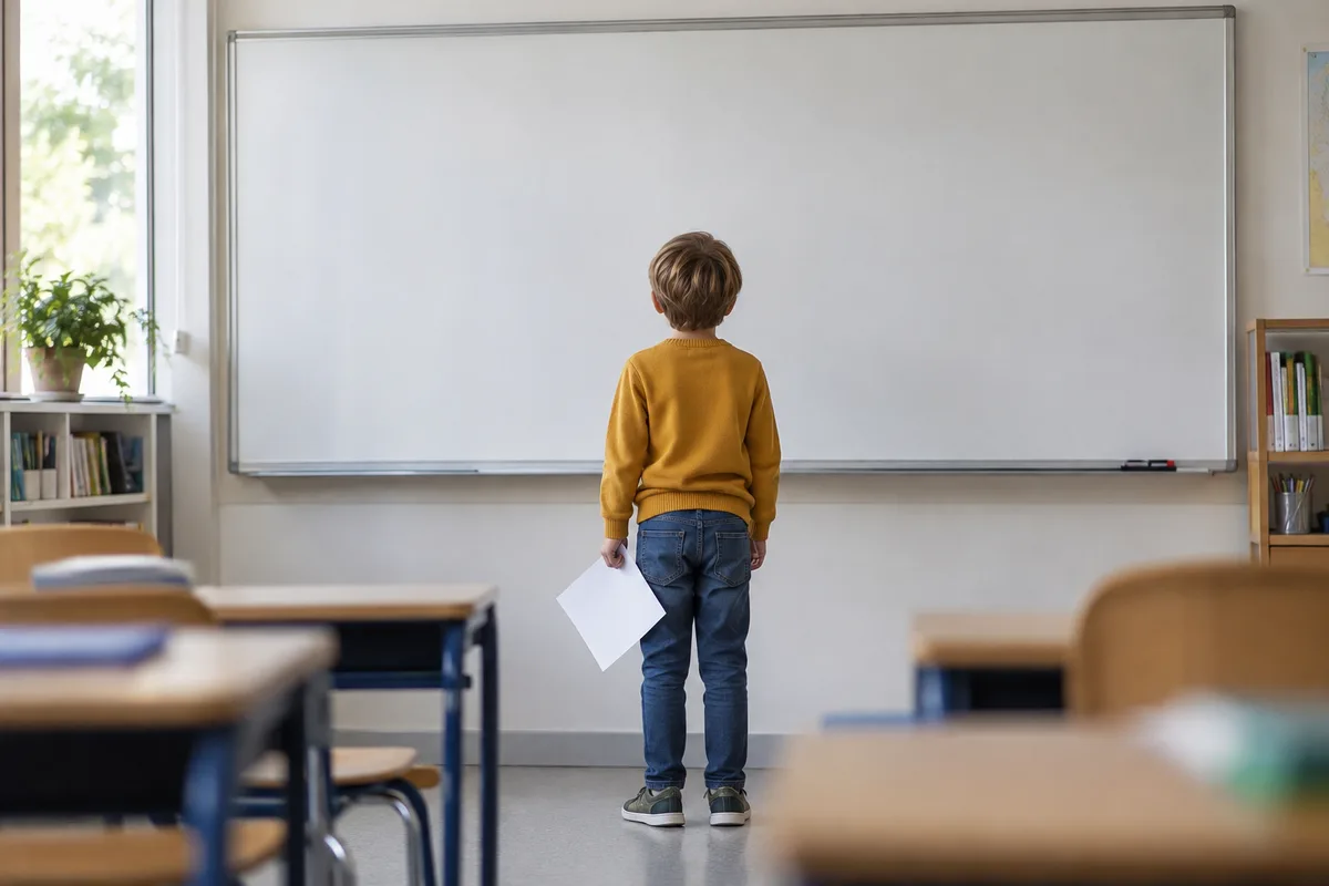 Enfant vu de dos devant le tableau blanc de la classe, une feuille à la main