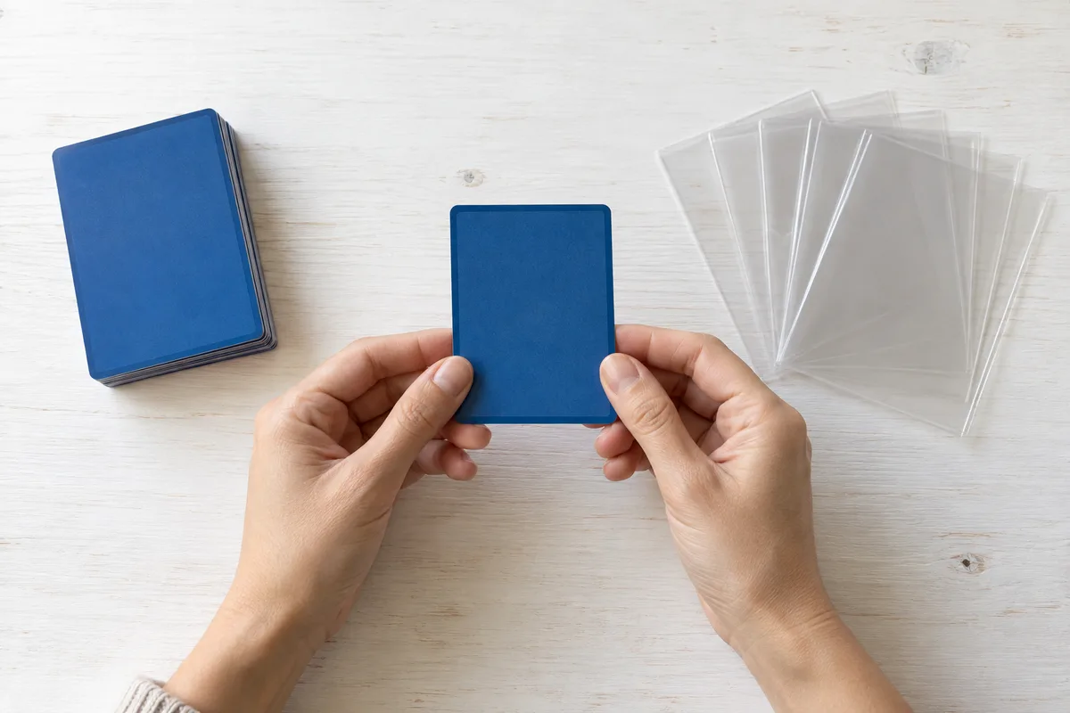 Pile de cartes posées de dos à gauche et pochettes transparentes vides en éventail à droite sur un bureau blanc