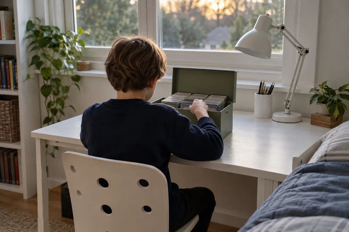Enfant vu de dos à son bureau, penché sur une boîte de rangement vert sauge remplie de cartes en pochettes