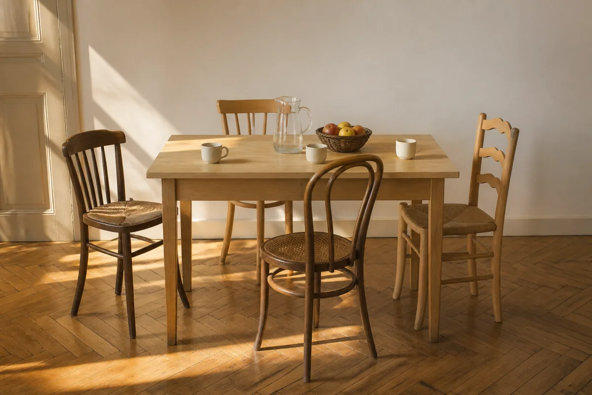 Table de salle à manger en bois dans une maison française, fin d’après-midi, lumière chaude et chaises dépareillées