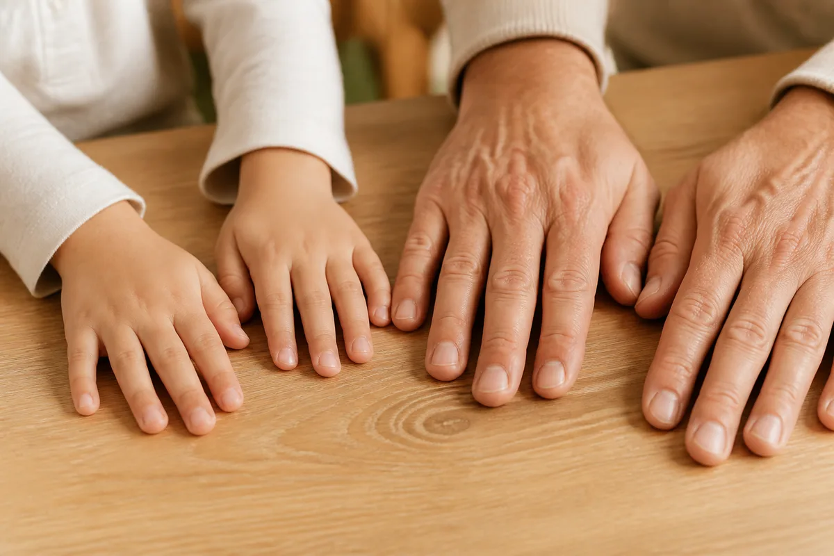 Mains d’un adulte et d’un enfant posées à plat côte à côte sur un plateau de table en bois clair