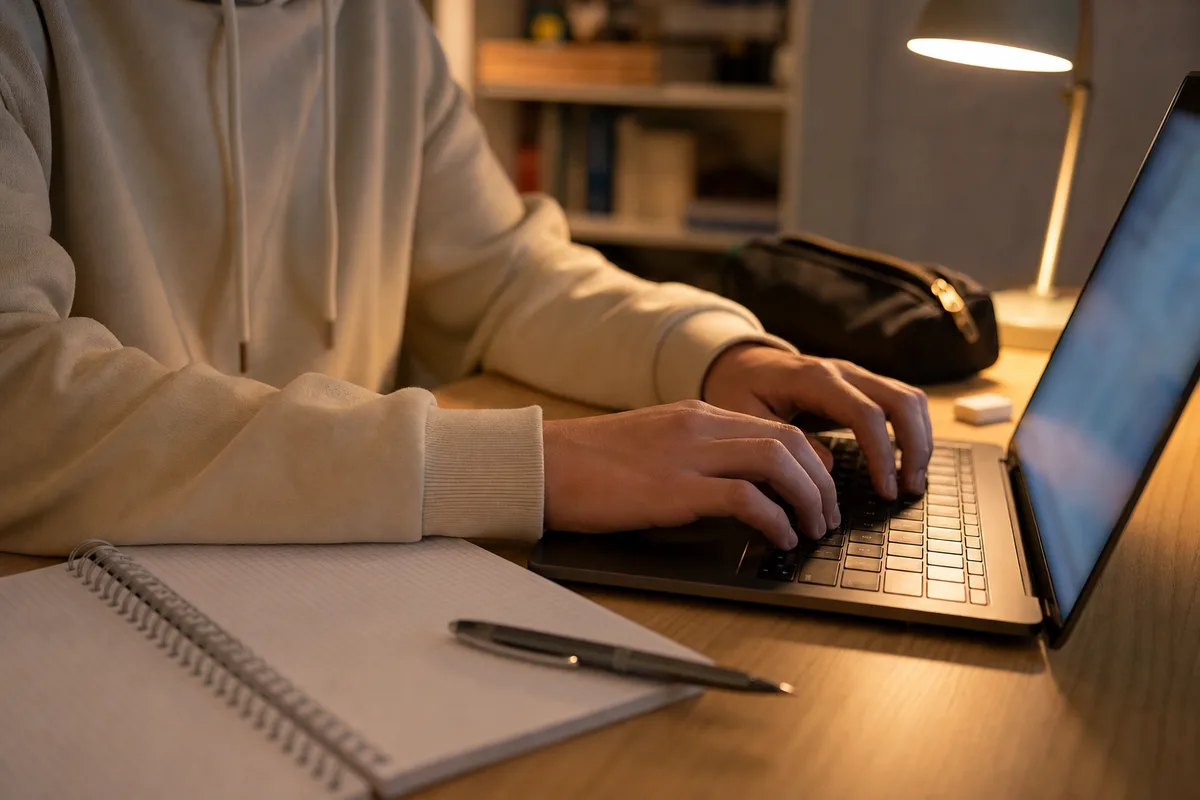 Adolescente saisissant une consigne sur un ordinateur portable, cahier ouvert à côté du clavier