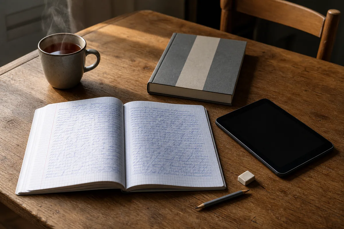 Cahier de classe et manuel scolaire posés à côté d’une tablette éteinte sur une table en bois